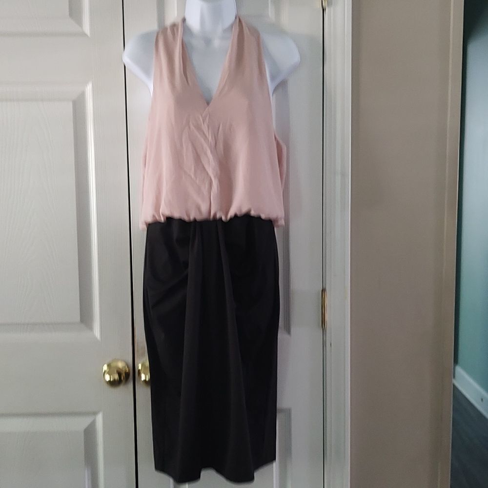 JASAMBAC Sheath Dress Colorblock V Neck  Blush black Sz L